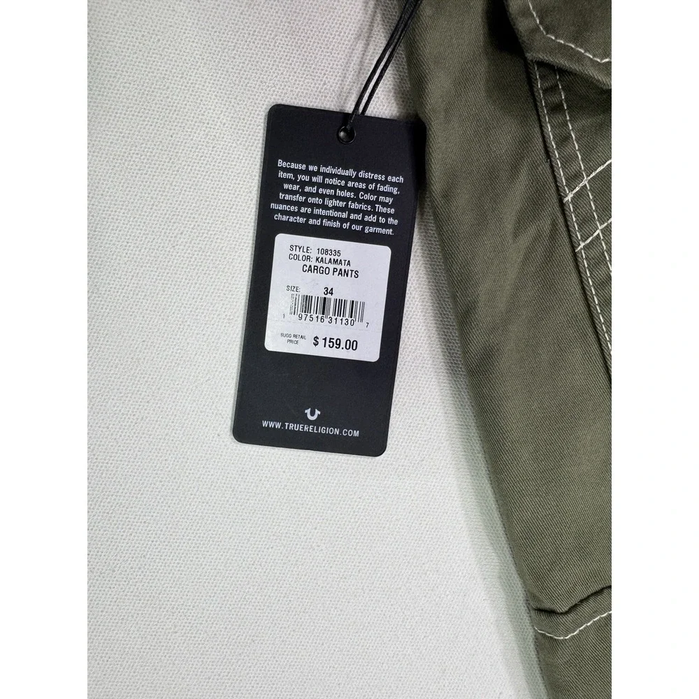 True Religion Men Cargo Pants 34x32 Green Kalamata Utility Workwear Straight NWT